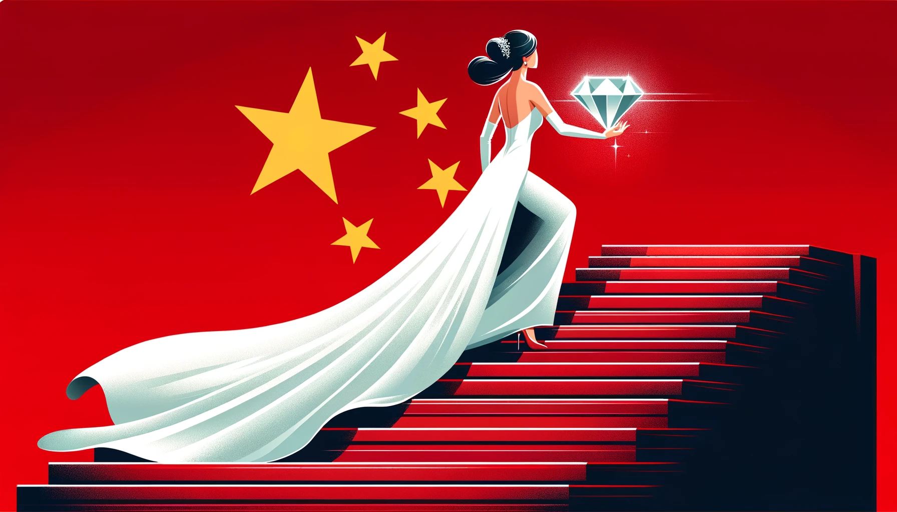 China'S Diamond Slump Conceptualized By An Image Of A Chinese Bride Climbing Upward To A Goal Of A Large Diamond. The Chinese Flag Serves As A Backdrop.