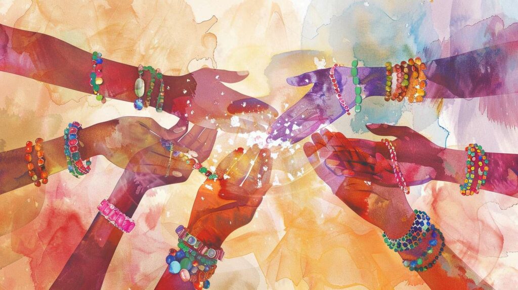 Watercolor Style Image Of Diverse Hands Holding Different Pieces Of Jewelry, Each Piece Radiating A Soft, Colorful Glow, Symbolizing Various Emotions Against A Warm, Comforting Background. Illustrates The Idea Of The Psychology Of Jewellery.