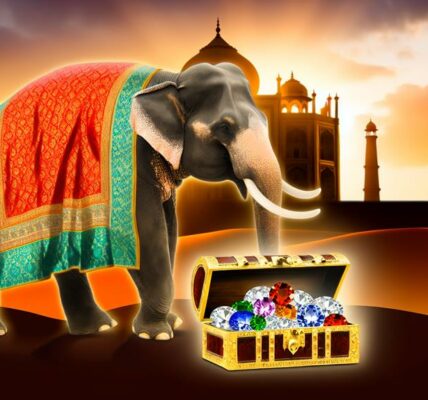 India Protects Russian Diamond Industry. Indian Elephant Is Protect A Treasure Chest Of Precious Stones. Background Has Cliche Indian Buildings.