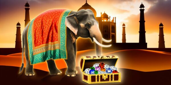 India Protects Russian Diamond Industry. Indian Elephant Is Protect A Treasure Chest Of Precious Stones. Background Has Cliche Indian Buildings.