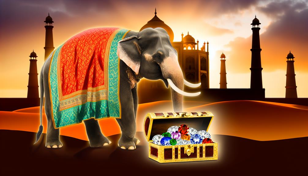 India Protects Russian Diamond Industry. Indian Elephant Is Protect A Treasure Chest Of Precious Stones. Background Has Cliche Indian Buildings.