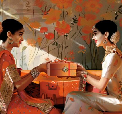A Joyful Sister Receiving A Beautifully Wrapped Gift Box Containing Elegant Diamond Jewellery From Her Brother On Raksha Bandhan 2024, With Traditional Indian Festive Decorations In The Background, Capturing The Essence Of Love, Celebration, And The Special Bond Between Siblings.