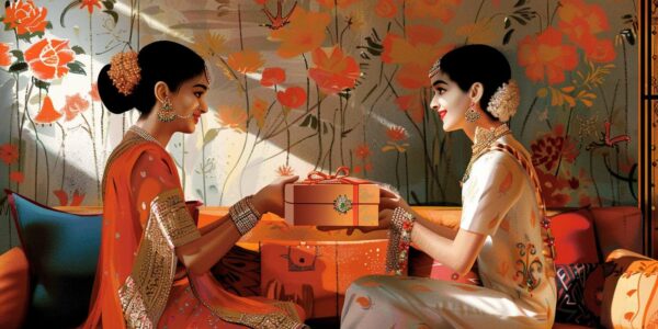 A Joyful Sister Receiving A Beautifully Wrapped Gift Box Containing Elegant Diamond Jewellery From Her Brother On Raksha Bandhan 2024, With Traditional Indian Festive Decorations In The Background, Capturing The Essence Of Love, Celebration, And The Special Bond Between Siblings.