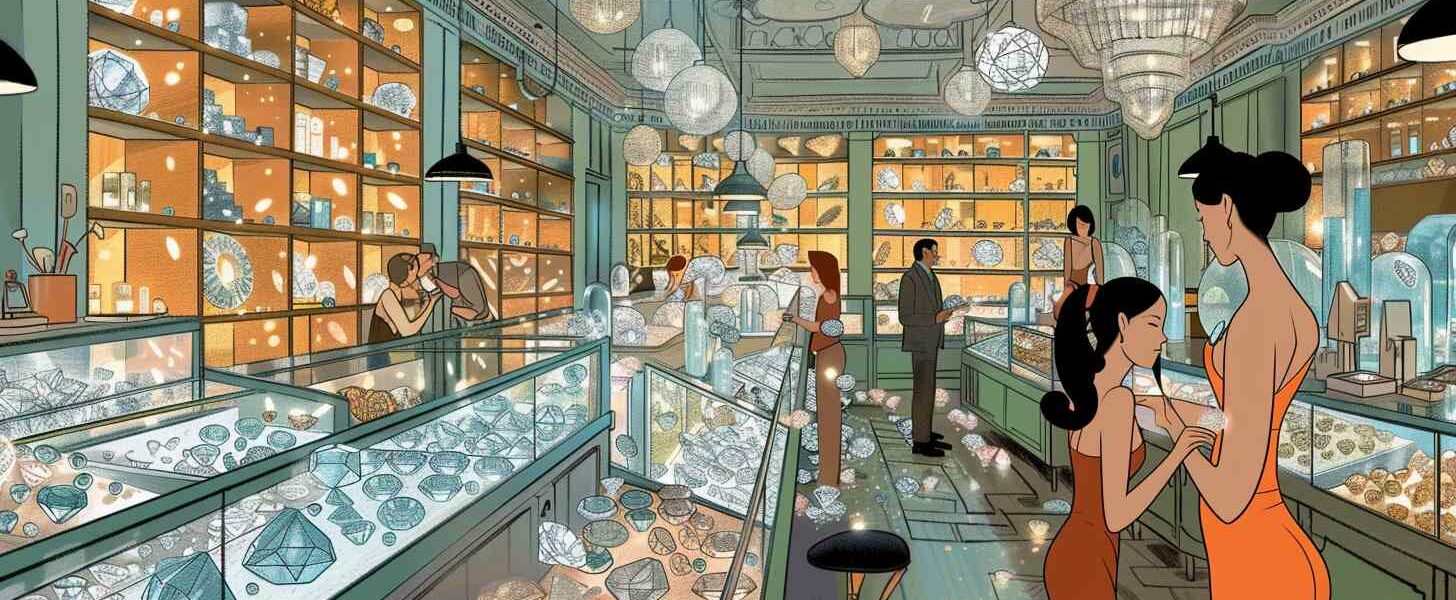 A Bustling Diamond Market With Piles Of Sparkling Lab-Grown Diamonds. Illustrates The Concept Of A Lab-Grown Diamond Glut.