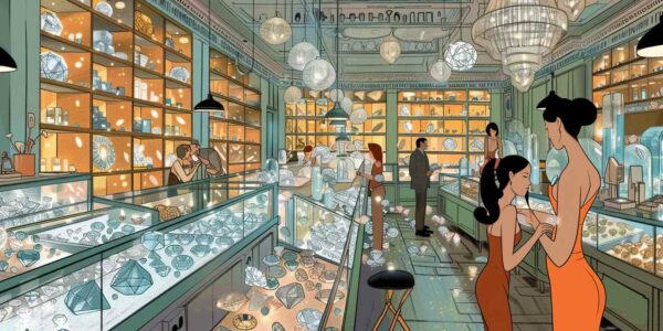 A Bustling Diamond Market With Piles Of Sparkling Lab-Grown Diamonds. Illustrates The Concept Of A Lab-Grown Diamond Glut.