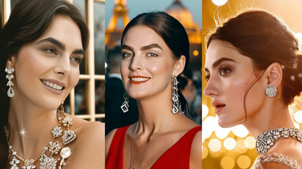 A collage of glamorous celebrities on red carpets and models on runways, adorned in dazzling diamond jewelry; sparkling necklaces, earrings, and bracelets reflecting lights, set against a backdrop of global landmarks.