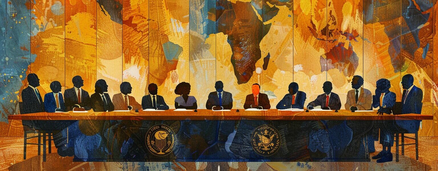 Illustration Depicting The Kimberley Process Intersessional Meeting, Showing Representatives From The Global Diamond Industry, Civil Society Organizations, And Government Officials Gathered Around A Large Conference Table.