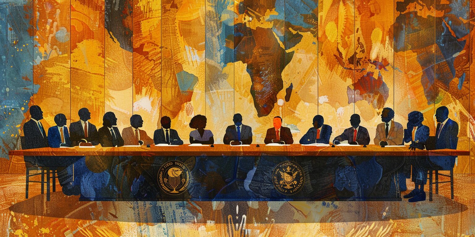 Illustration Depicting The Kimberley Process Intersessional Meeting, Showing Representatives From The Global Diamond Industry, Civil Society Organizations, And Government Officials Gathered Around A Large Conference Table.