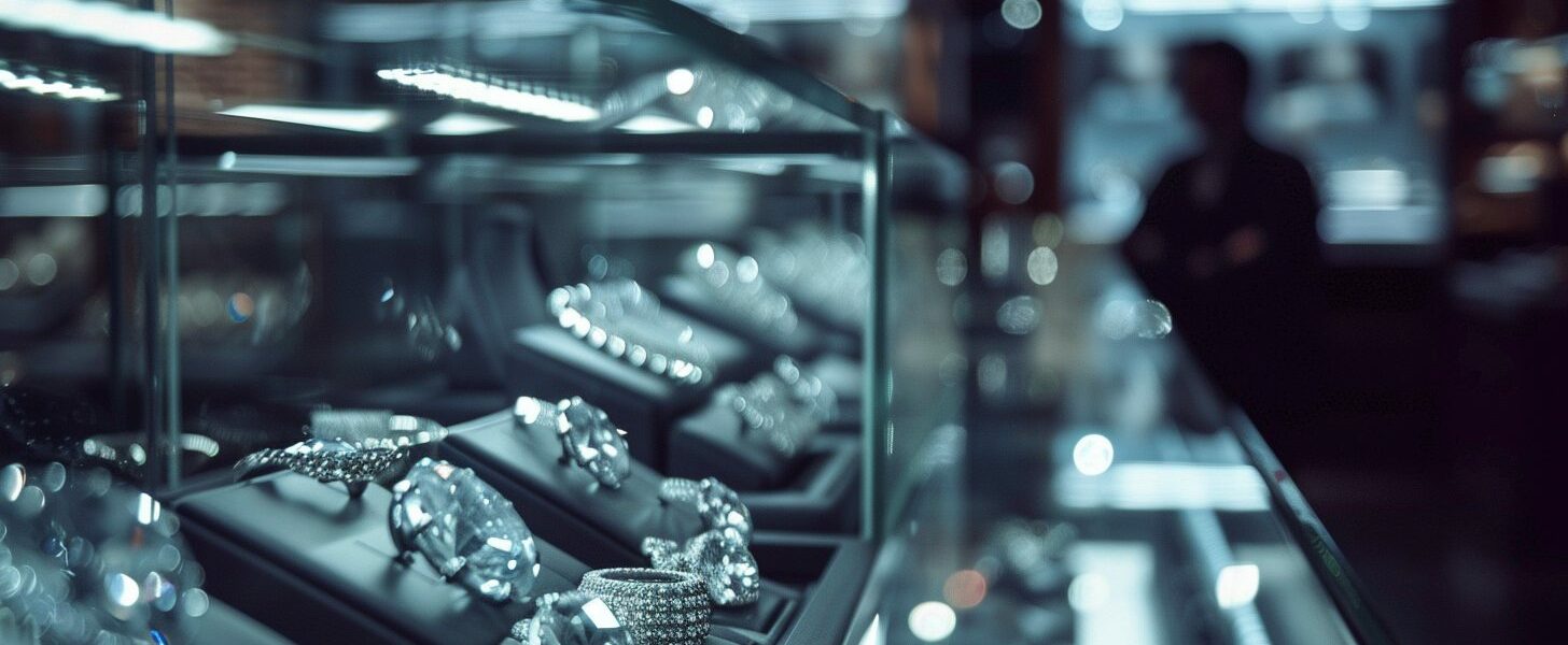 A Dimly Lit Jewelry Store Display. Rows Of Shimmering Lab-Grown Diamonds Rest Under Glass, Their Once Dazzling Brilliance Overshadowed By The Soft, Ambient Light. The Delicate Reflections Create A Moody Atmosphere, Hinting At The Market'S Decline. In The Background, A Blurred Figure, Perhaps A Jeweler, Stands With Crossed Arms, Embodying The Uncertainty Of The Industry. The Scene Exudes A Sense Of Quiet Tension And Impending Change From The Lab-Grown Diamond Market Slowdown