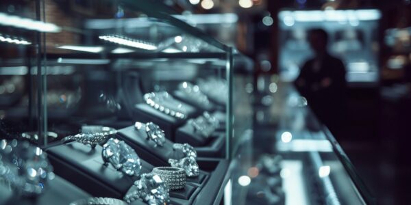 A Dimly Lit Jewelry Store Display. Rows Of Shimmering Lab-Grown Diamonds Rest Under Glass, Their Once Dazzling Brilliance Overshadowed By The Soft, Ambient Light. The Delicate Reflections Create A Moody Atmosphere, Hinting At The Market'S Decline. In The Background, A Blurred Figure, Perhaps A Jeweler, Stands With Crossed Arms, Embodying The Uncertainty Of The Industry. The Scene Exudes A Sense Of Quiet Tension And Impending Change From The Lab-Grown Diamond Market Slowdown